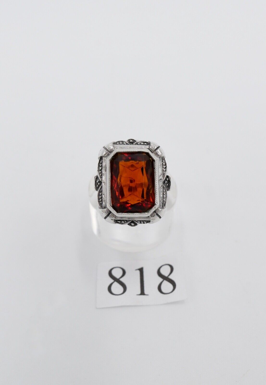 ART DECO Damen Ring Silber 835 großer rot braune Glasstein Scherenschliff Gr. 58