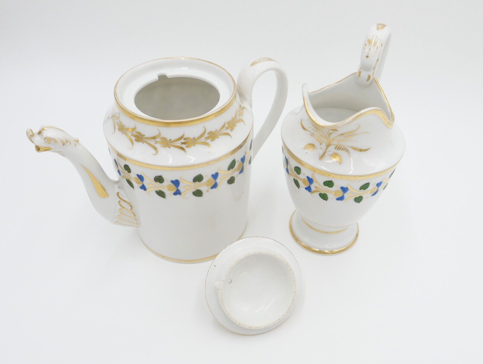 um 1830 antik Biedermeier Porzellan Kaffee & Milchkanne Schwanenhals Goldrand