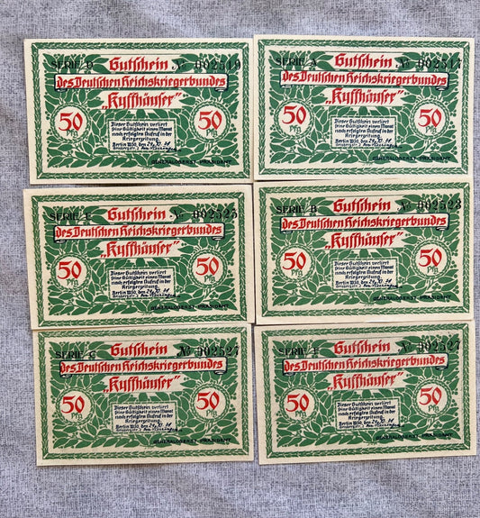 6x 50 Pfennig Gutschein Geldscheine Banknote Notgeld Kyffhäuser 1921 UNC