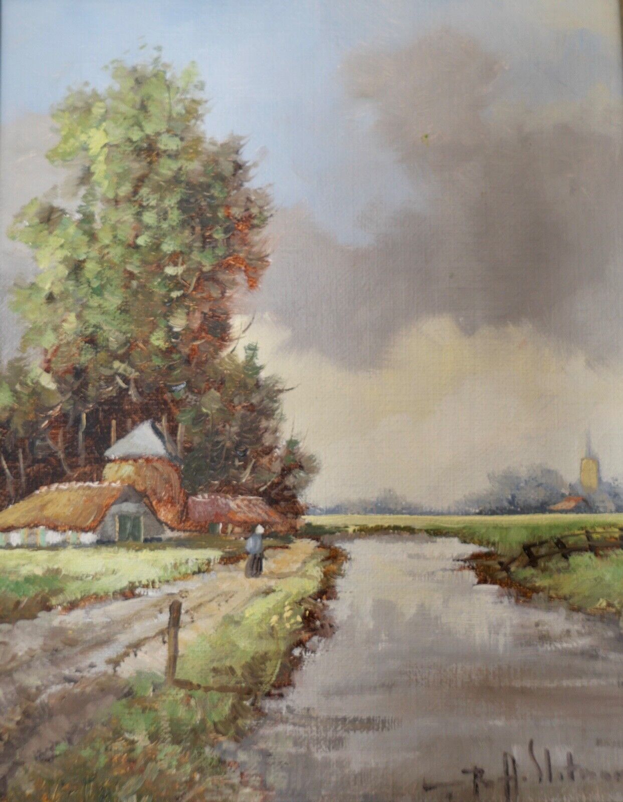 kleines Ölgemälde Niederlande B.H. Slotman Landschaft 32x27cm Leinwand