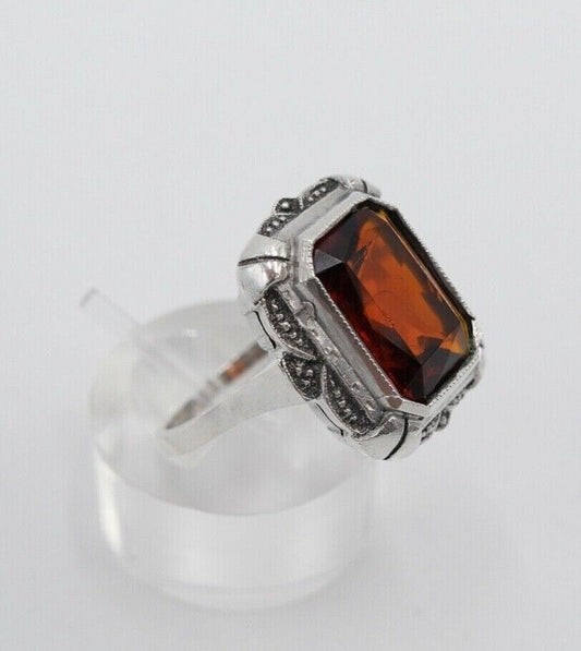 ART DECO Damen Ring Silber 835 großer rot braune Glasstein Scherenschliff Gr. 58