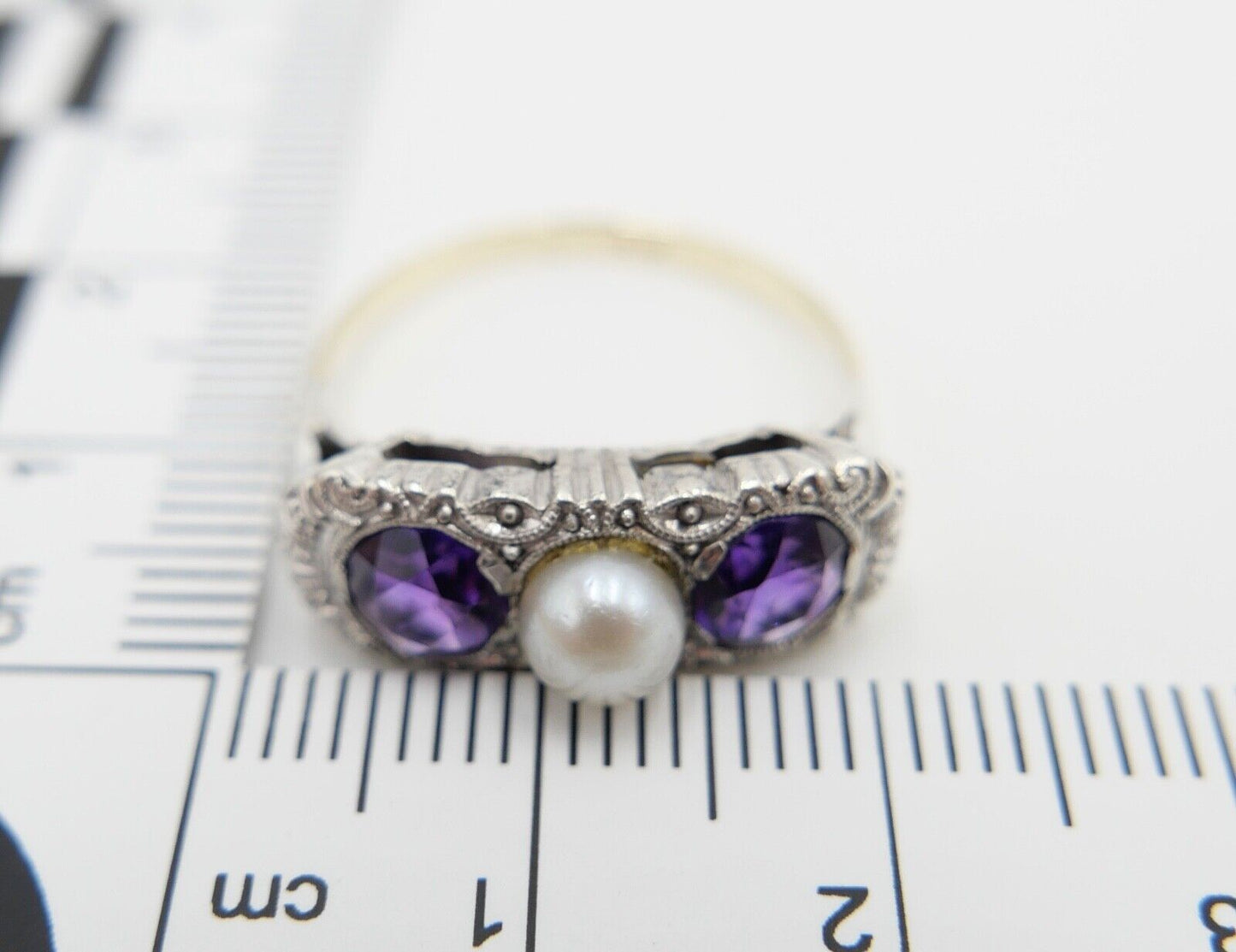 30er Jahre Art Deco Bicolor Ring 585 Gold & 935 Silber Gr. 55 Amethyst & Perle