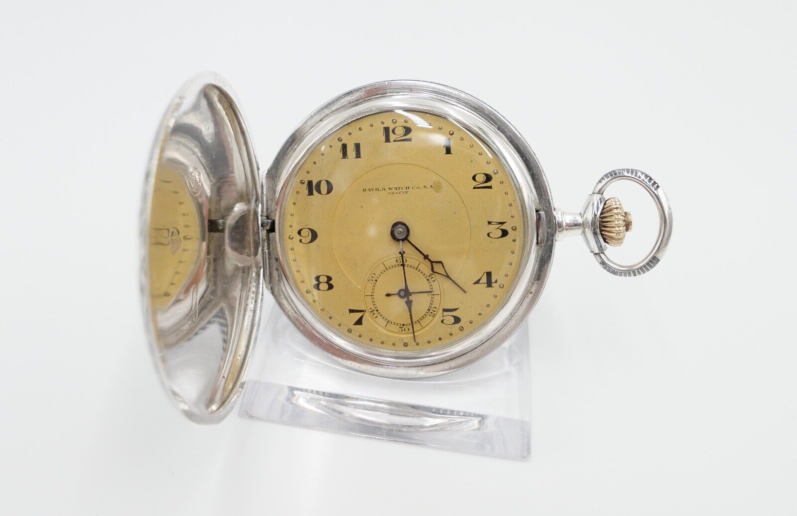 1901-1949 ART DECO SAVONETTE Taschenuhr HAVILA pocket watch Halbmond Krone Silbe