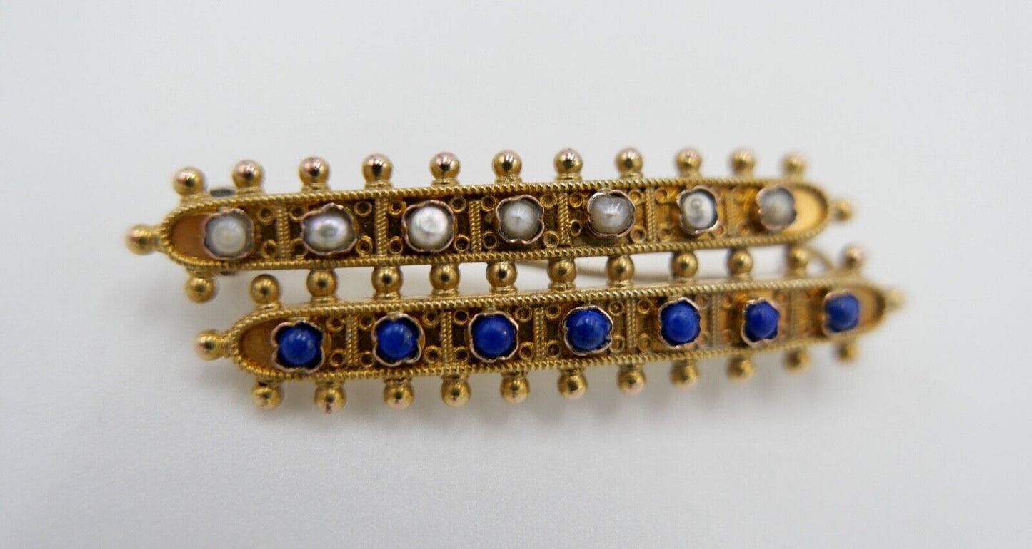 Antike 585 14K Gold Brosche Anstecknadel mit 7 Saatperlen 7 Lapis Lazuli 