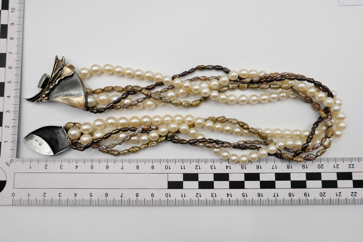 80er Perlenkette Collier 5-reihig 925 Silber vergoldet Schmetterlingsverschluss