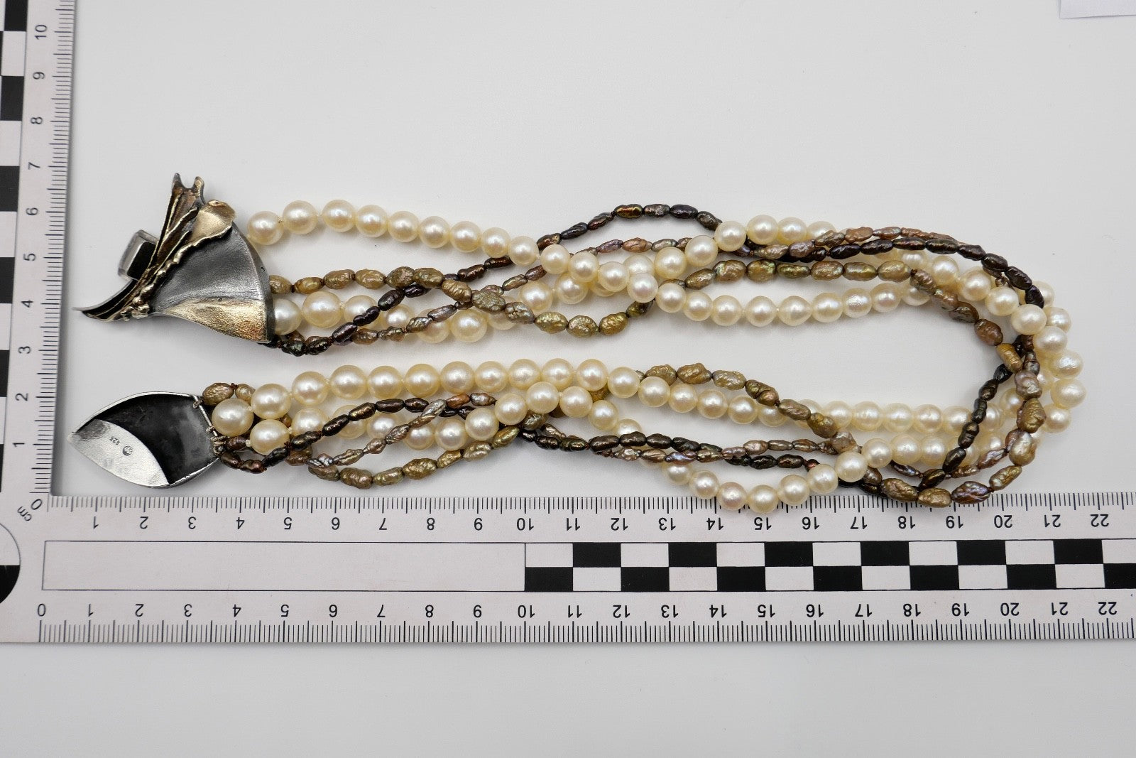 80er Perlenkette Collier 5-reihig 925 Silber vergoldet Schmetterlingsverschluss