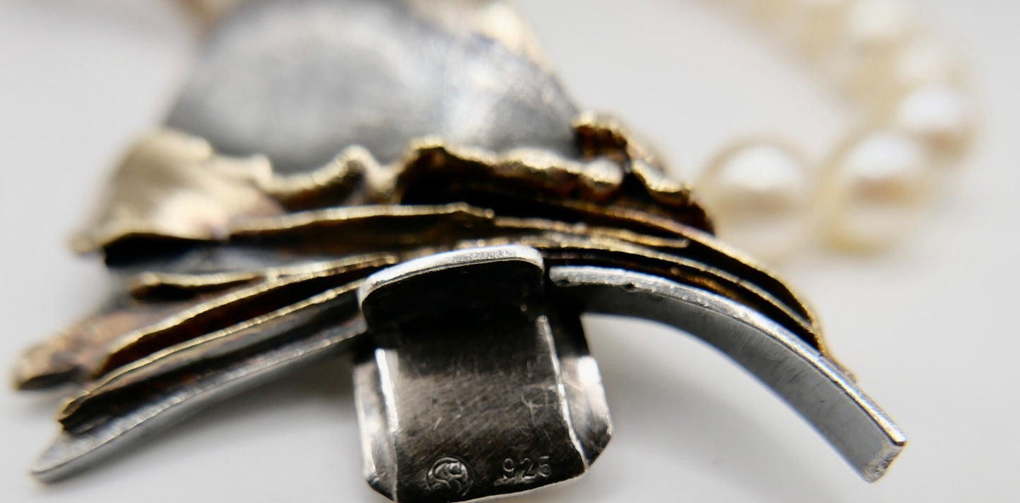80er Perlenkette Collier 5-reihig 925 Silber vergoldet Schmetterlingsverschluss