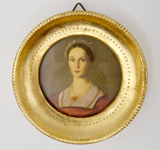 altes Miniatur Damen Portrait vergoldeter Holz Rahmen Florentiner Art Ø 7,5 cm