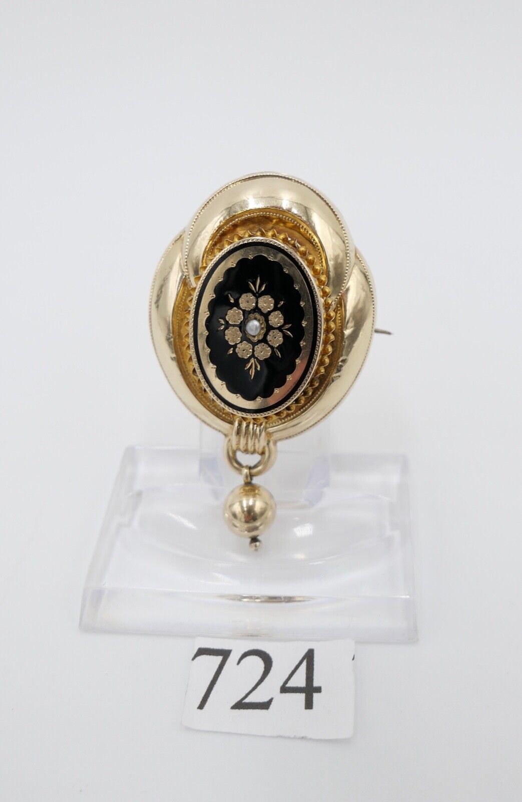 große BIEDERMEIER um 1840 antike Brosche 585 / 14K Schaumgold Saatperle ONYX