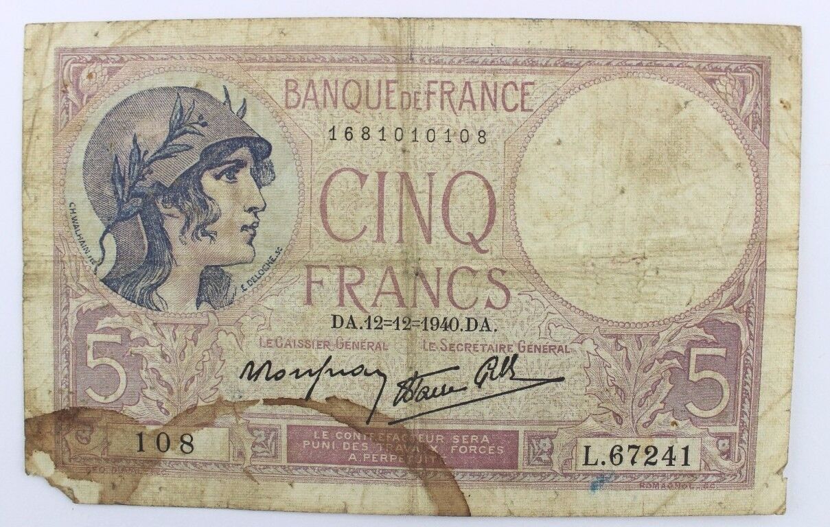 5 Francs Cinq Banknote 1940  bill Bank de France Frankreich facture