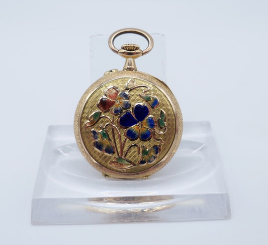 Antike Florale Gold Taschenuhr 14K 585 Remontoir Emaile um 1900 open face