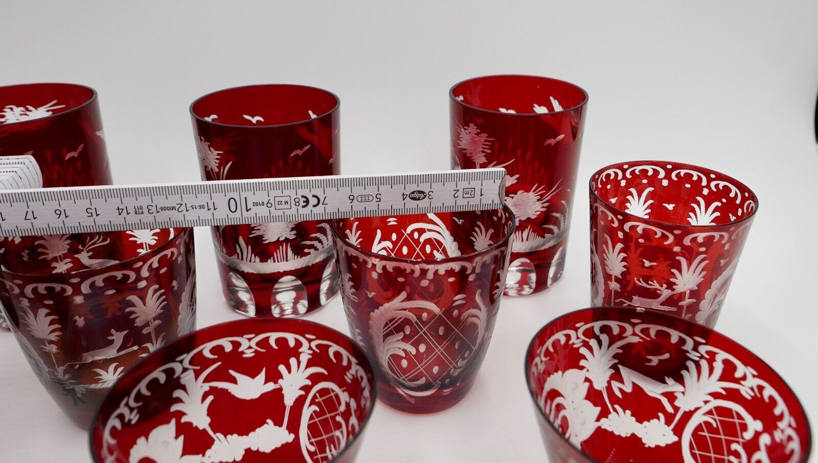 11x Jugendstil Gläser rubinrot Becher Glas EGERMANN  Tierwelt um 1900