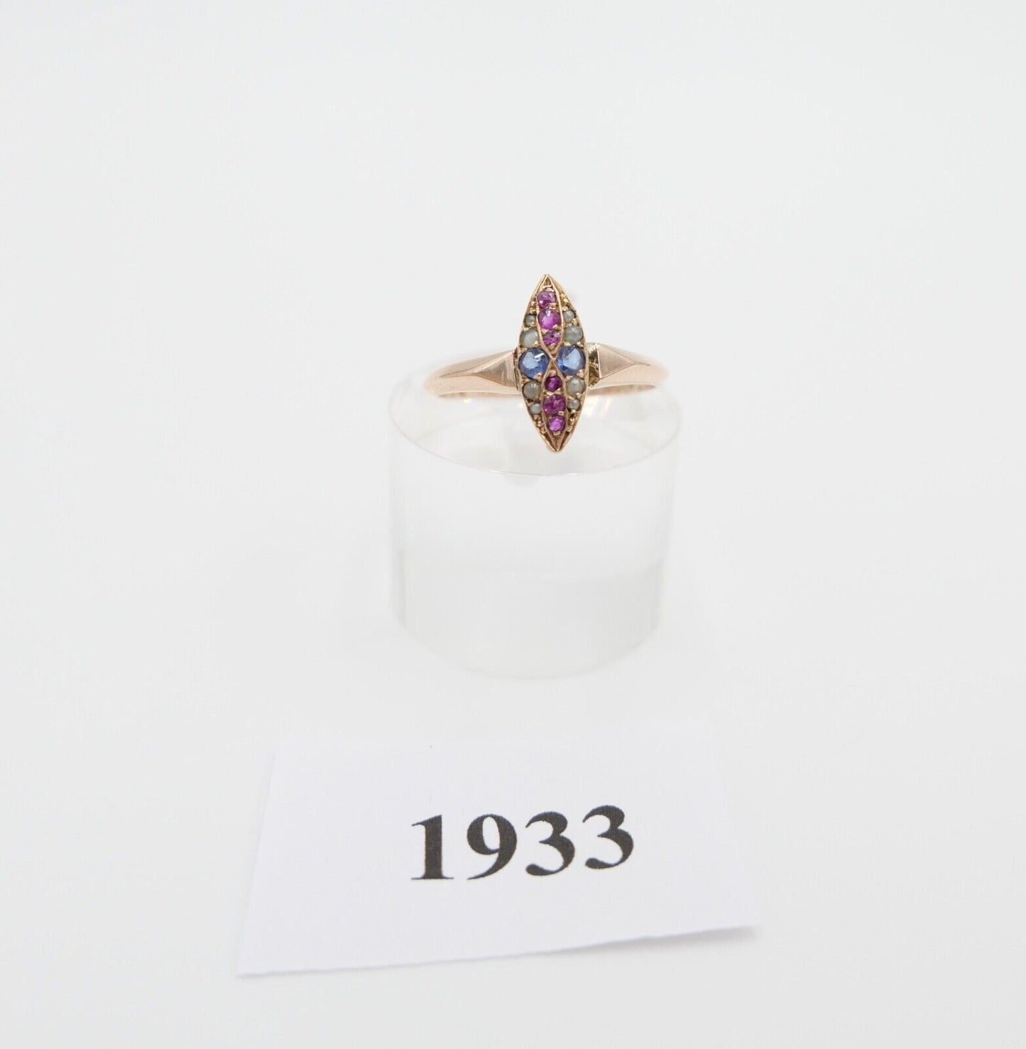 Antiker Damen Rotgold Ring 585 / 14K Gr. 53 Navette Saatperle Rubin syn. Spinell