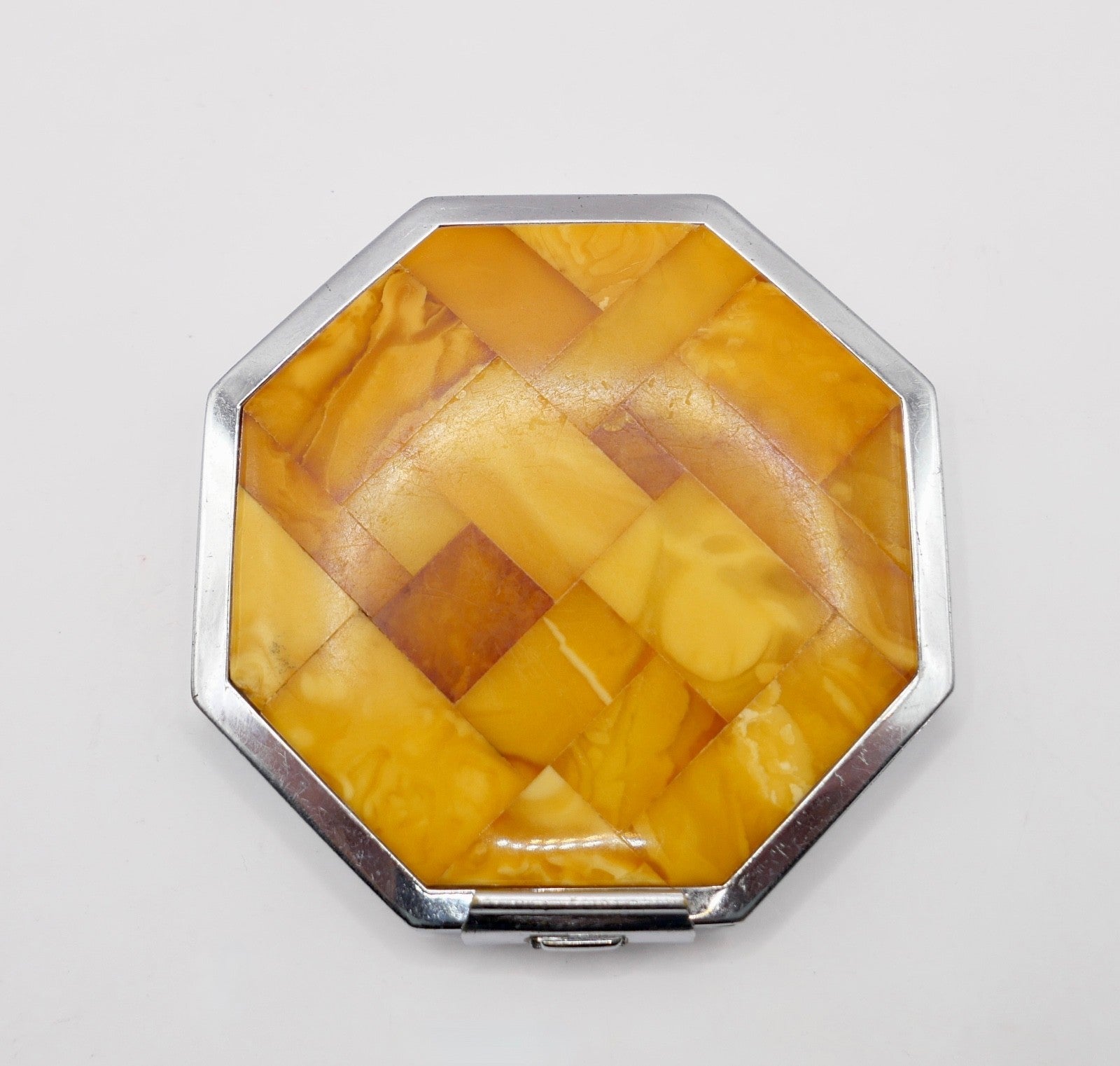 alte Puderdose mit Spiegel Bernstein butterscotch Ø 7,5cm