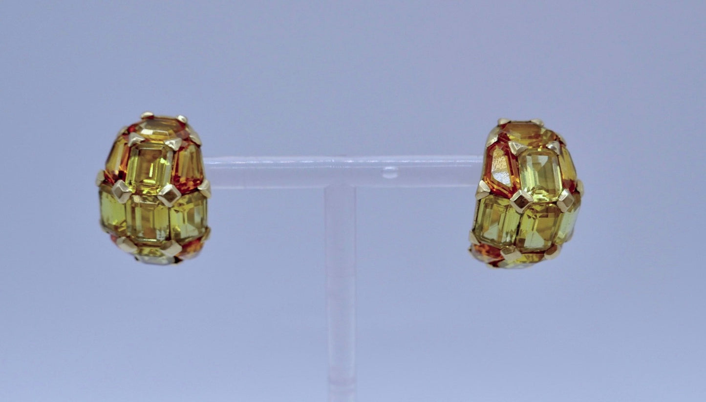 Massive 18k 750 Gold Creolen mit Citrin Ohrringe Gelbgold 1980er