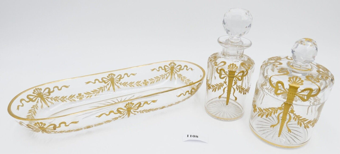 Antikes Glas Set Goldmalerei um 1900 Josephinenhütte 3-teilig Sehr guter Zutand