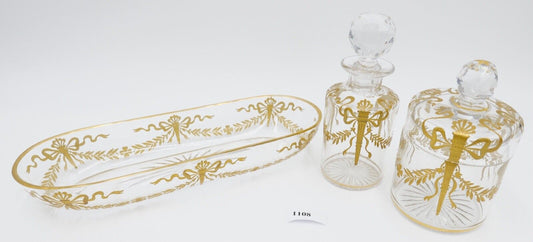 Antikes Glas Set Goldmalerei um 1900 Josephinenhütte 3-teilig Sehr guter Zutand