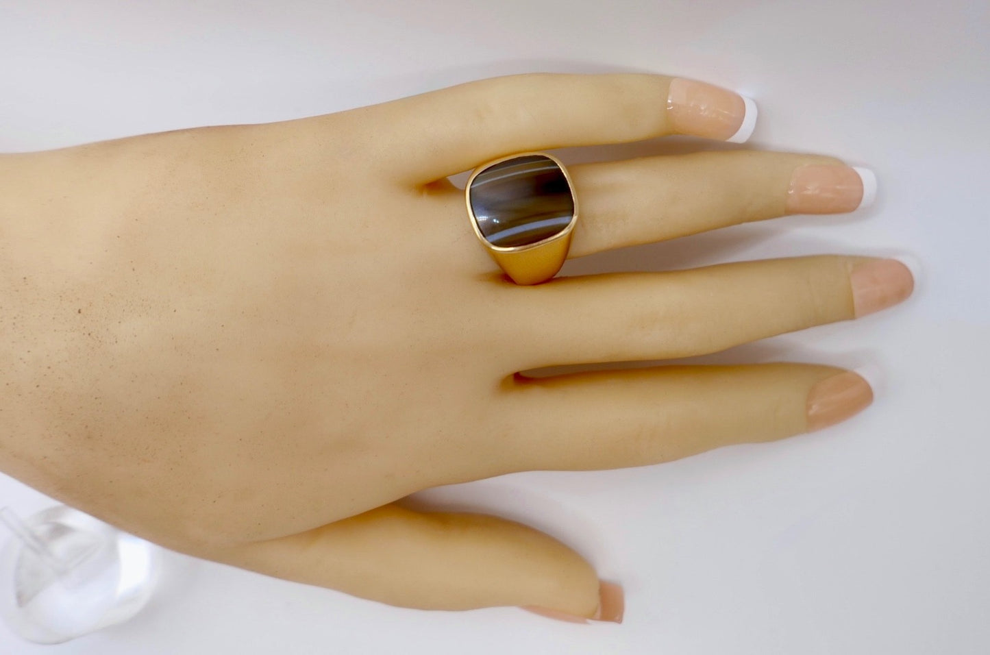 1980er Herren Goldring 750er Gelbgold mit Lagenachat Siegelring 18K Gr. 64 / 65