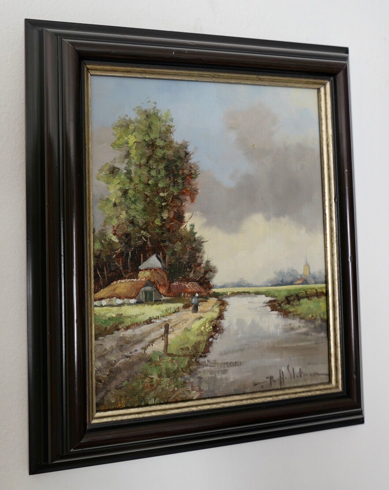 kleines Ölgemälde Niederlande B.H. Slotman Landschaft 32x27cm Leinwand