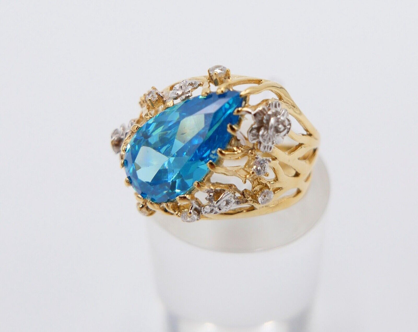 Gelbgold Ring mit Blautopas & Zirkonia 585 14K Gr. 55 im Tropfen Schliff  5,0 Ct