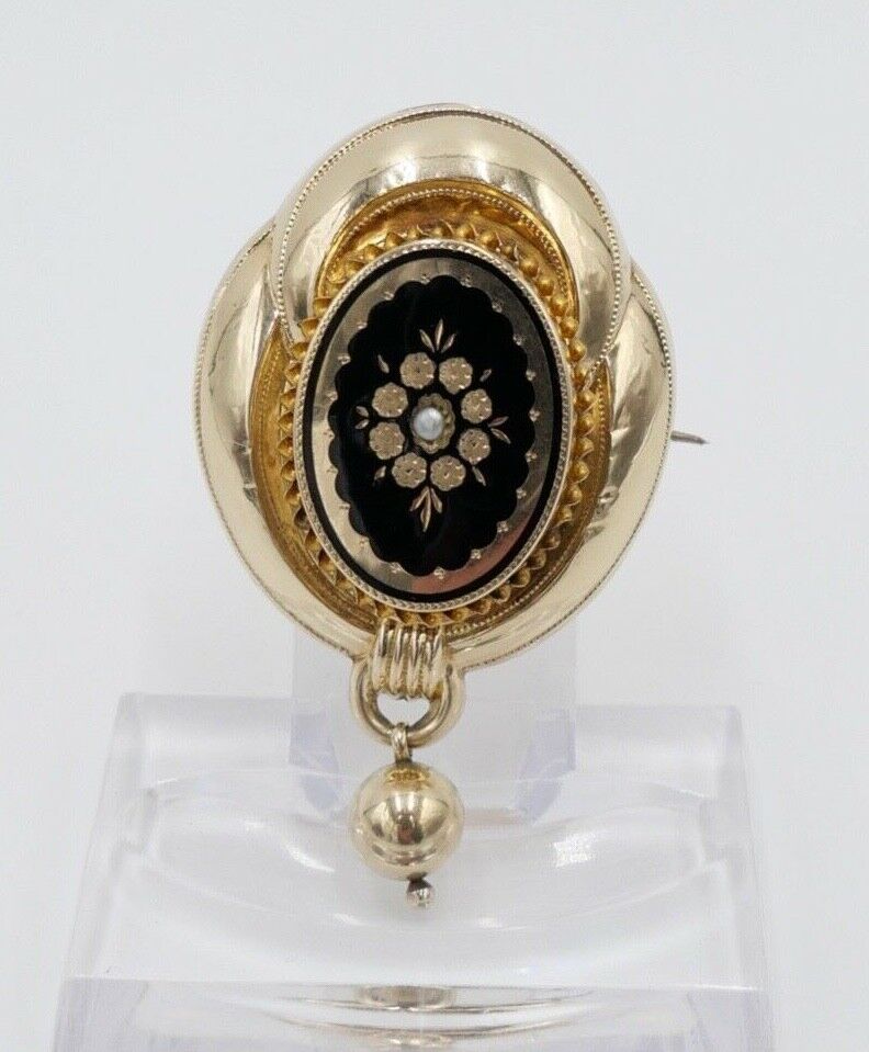 große BIEDERMEIER um 1840 antike Brosche 585 / 14K Schaumgold Saatperle ONYX