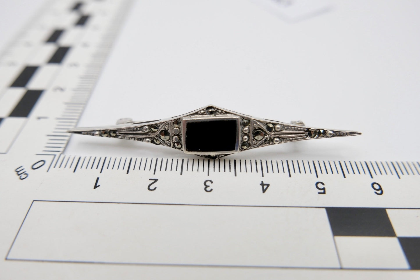 Silber Brosche Art Déco Markasit & Onyx um 1930 Sterling 925 antik