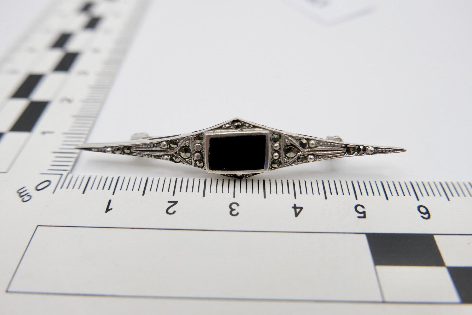 Silber Brosche Art Déco Markasit & Onyx um 1930 Sterling 925 antik