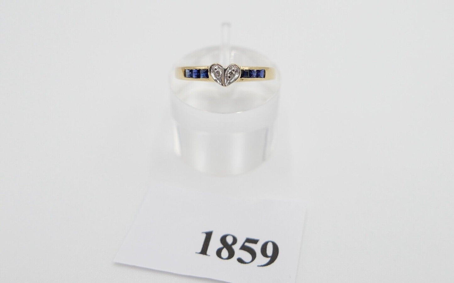 80er J. Damen Ring Herzform Gold Brillant VS / G Saphir 0,46 Ct 750 / 18K Gr. 55