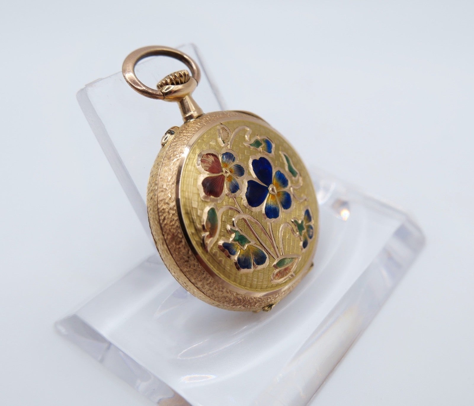 Antike Florale Gold Taschenuhr 14K 585 Remontoir Emaile um 1900 open face