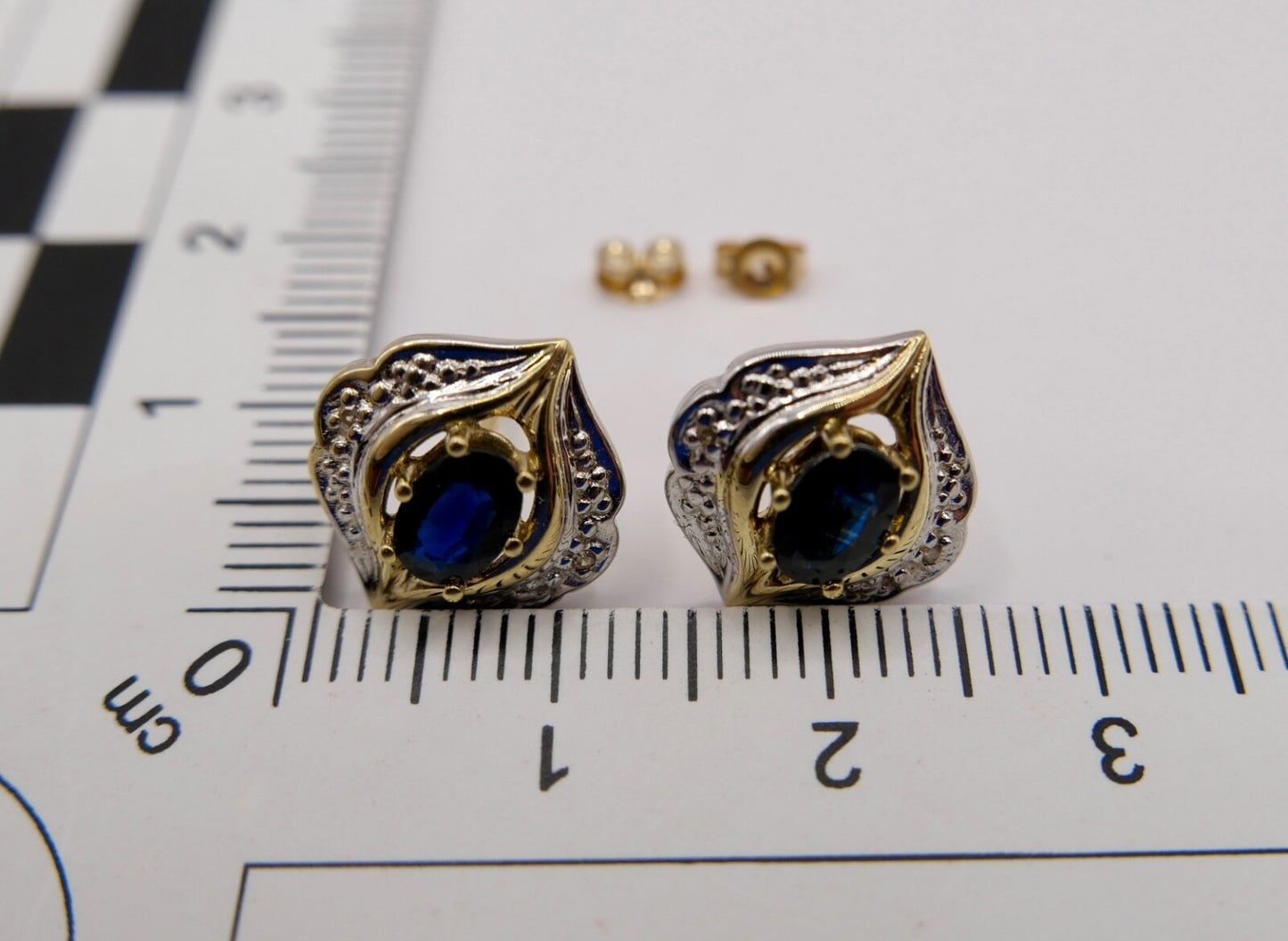 Bicolor 1970er Gold 585 14K Diamant & Saphir Ohrringe Ohrstecker  Ø 13,4mm