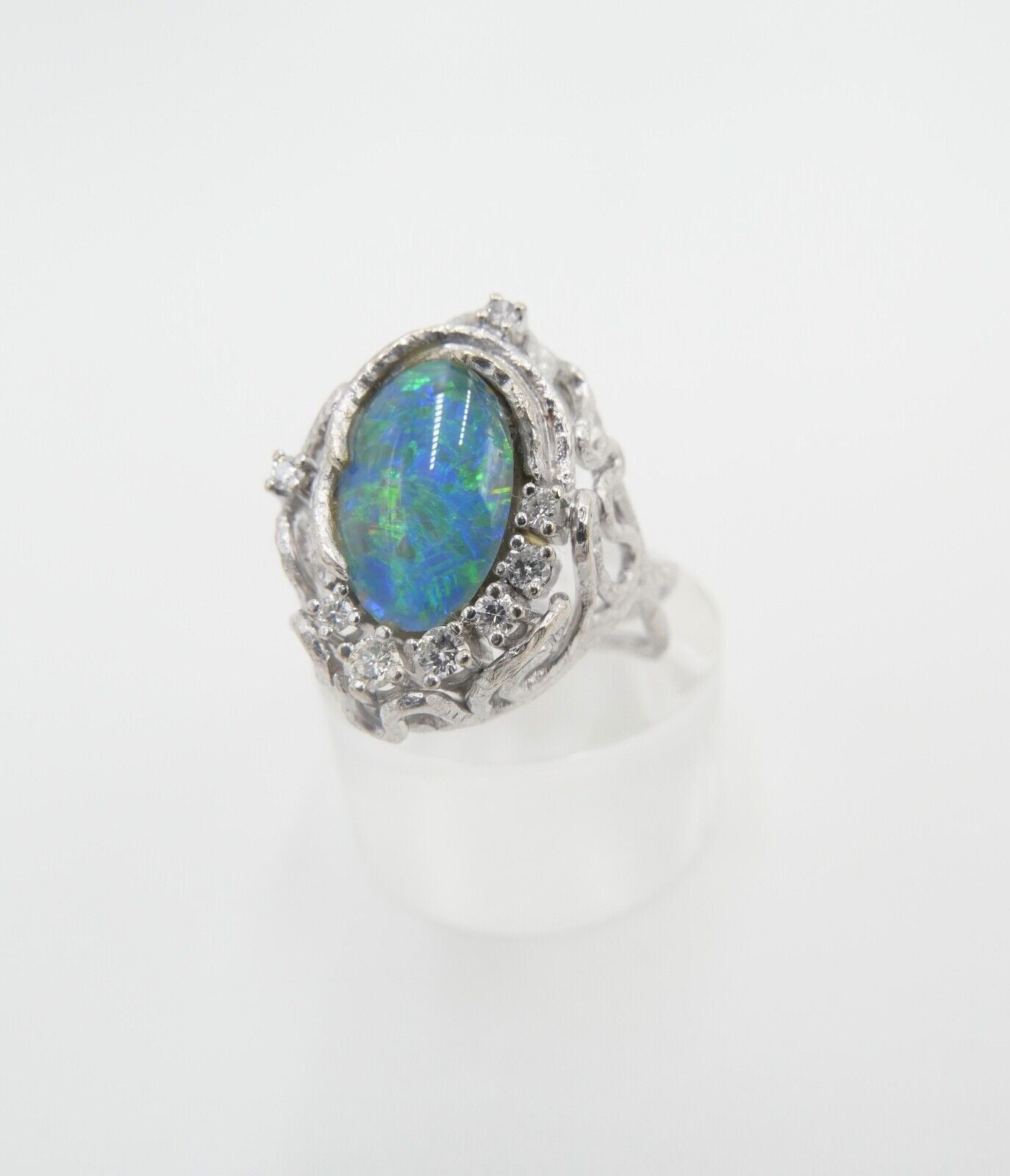 70er Jahre Damenring Brillant Opal Ring Weißgold 585 / 14K Gr. 56