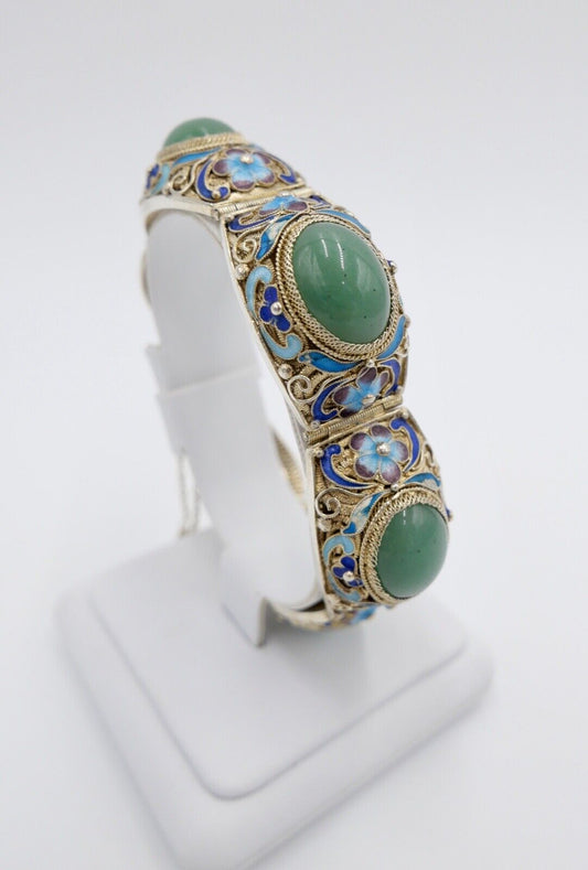 60er Jahre Silber Armband vergoldet China Silver Emaille grüne Jade Blumendekor