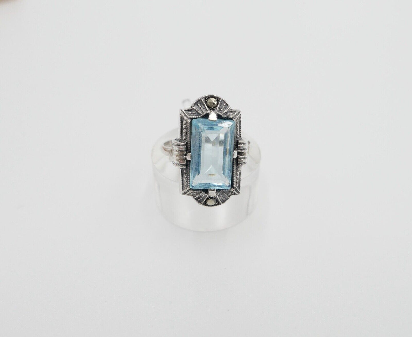 ART DECO Damenring Ring Silber 830  Gr. 53 mit Markasit blauer Glasstein