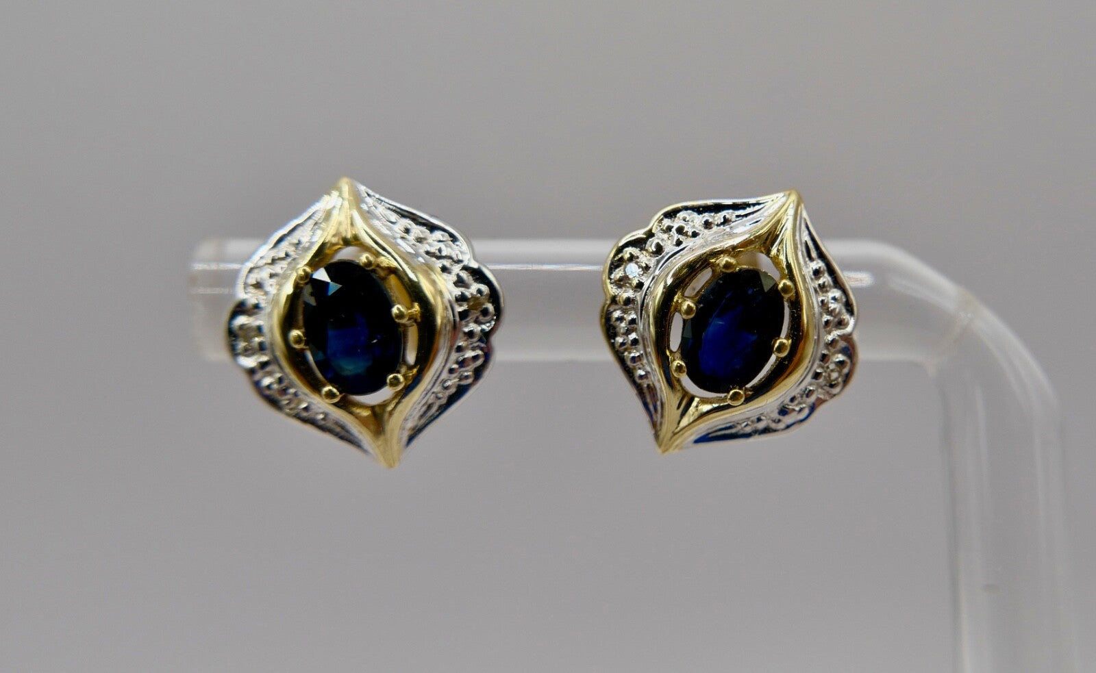 Bicolor 1970er Gold 585 14K Diamant & Saphir Ohrringe Ohrstecker  Ø 13,4mm