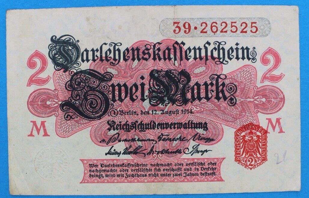 Ro. 52a Banknote 2 Mark 1914 Darlehnskassenschein old Bill selten RAR 