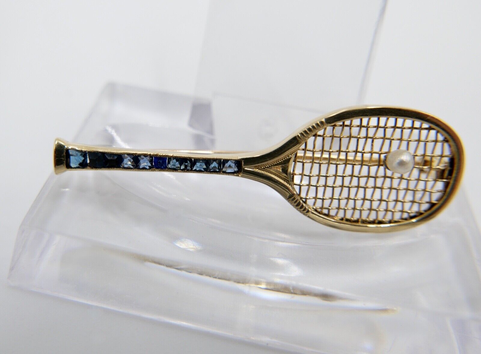 90er Jahre Brosche Tennis Perle Akoya Spinell blau 750 / 18K Stabbrosche 