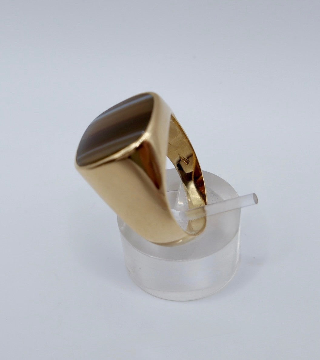 1980er Herren Goldring 750er Gelbgold mit Lagenachat Siegelring 18K Gr. 64 / 65