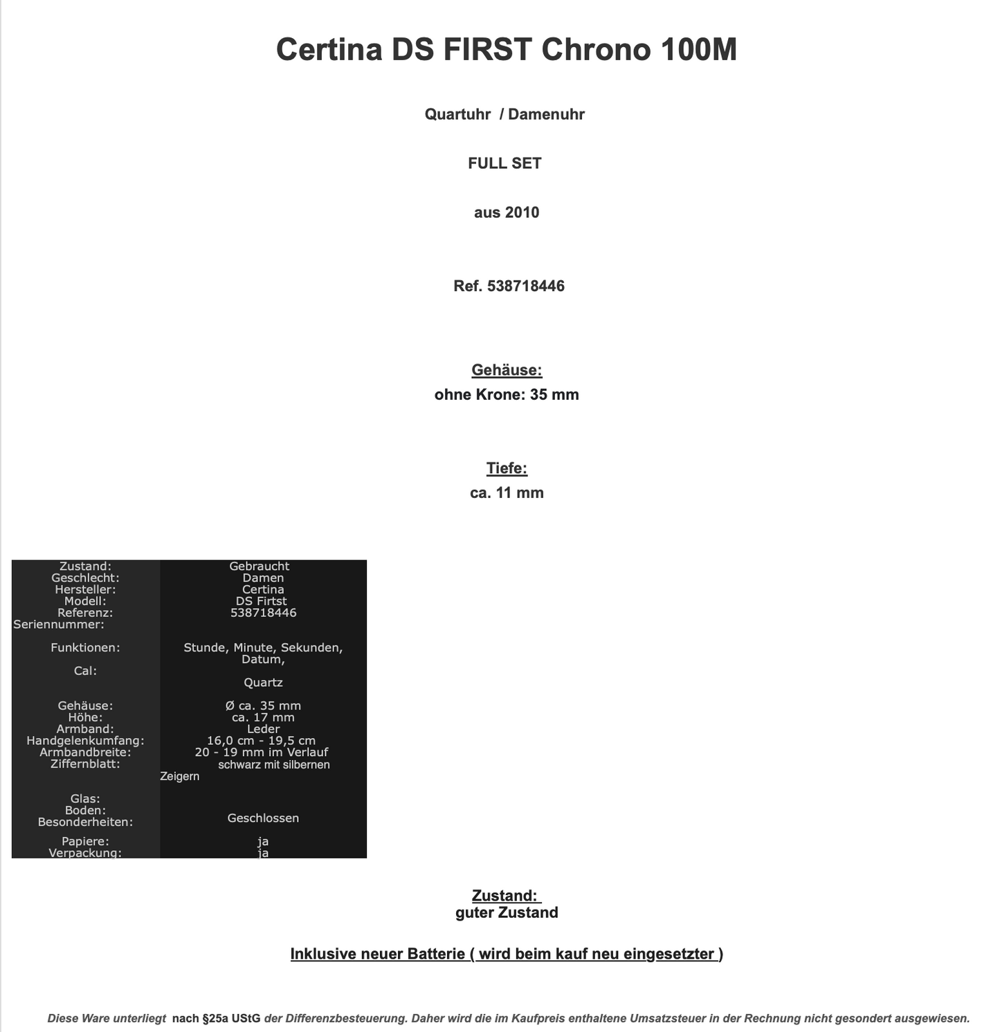 Certina DS FIRST Chrono Ref 538718446 Quartz 100m  Damenuhr FULL SET aus 2010