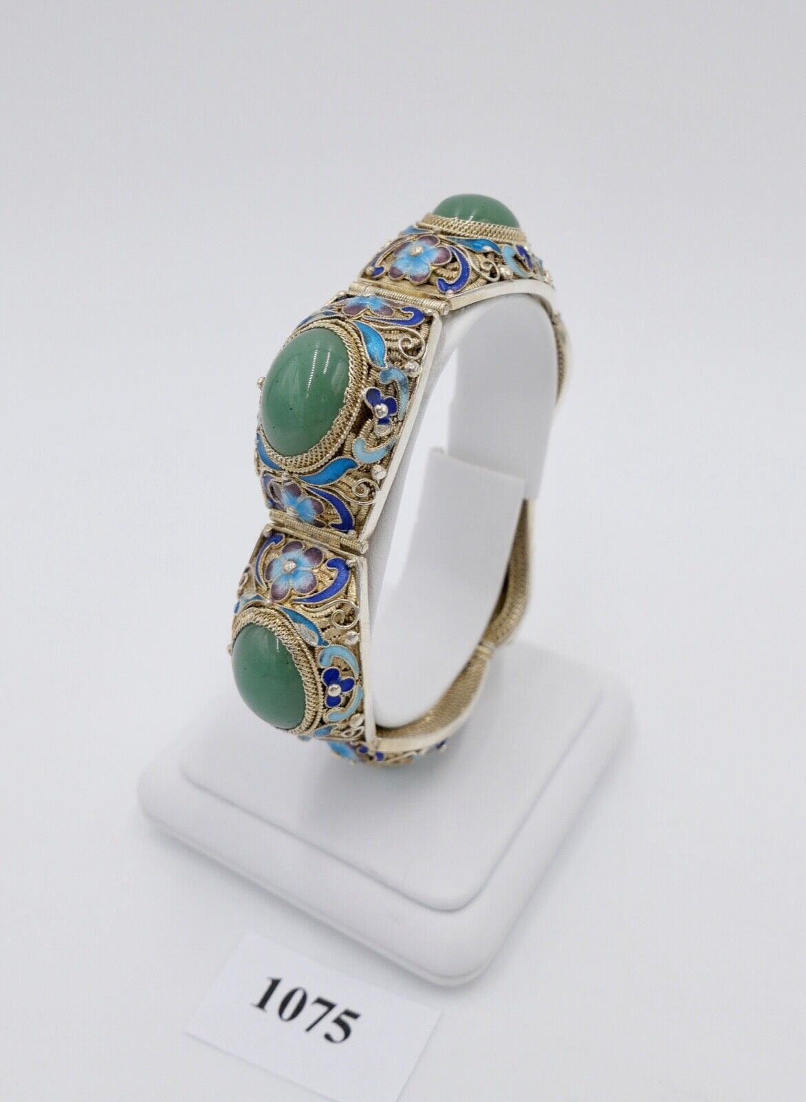 60er Jahre Silber Armband vergoldet China Silver Emaille grüne Jade Blumendekor