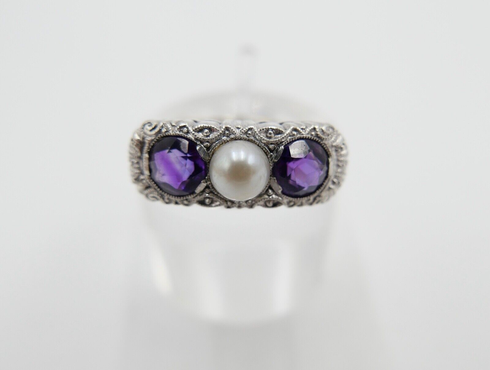 30er Jahre Art Deco Bicolor Ring 585 Gold & 935 Silber Gr. 55 Amethyst & Perle