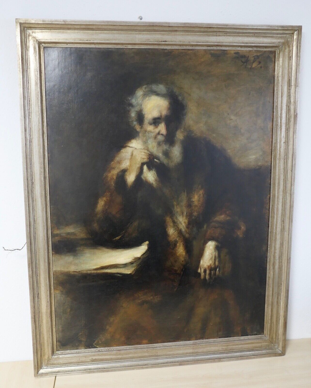 136 x 106 cm MONOGRAMMIST A.B. / A.V. Maler 19. Jh. " Gelehrter im Pelzmantel "