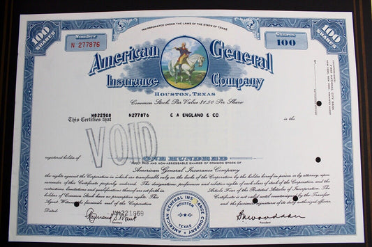 American General insurance Company 1969 alte USA Aktie Stock Certificate 100 