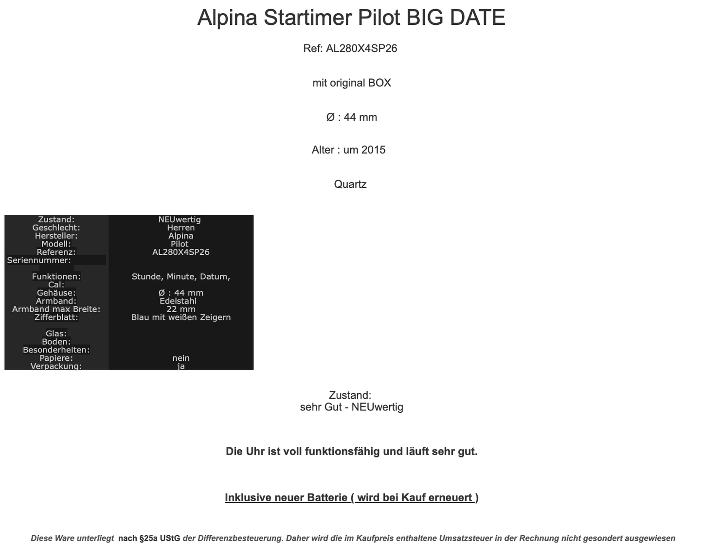 Alpina Startimer Pilot AL280X4SP26 UHR NEUwertig mit BOX 44 mm BIG DATE Blau