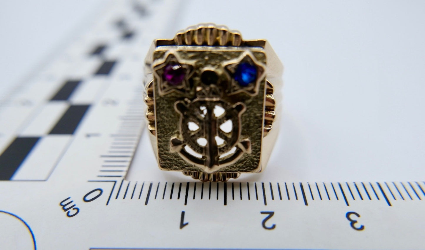 Herrenring 14K Gelbgold Anker Steuerrad Rubin Saphir Nautisch Gr.61 Seefahrt 585
