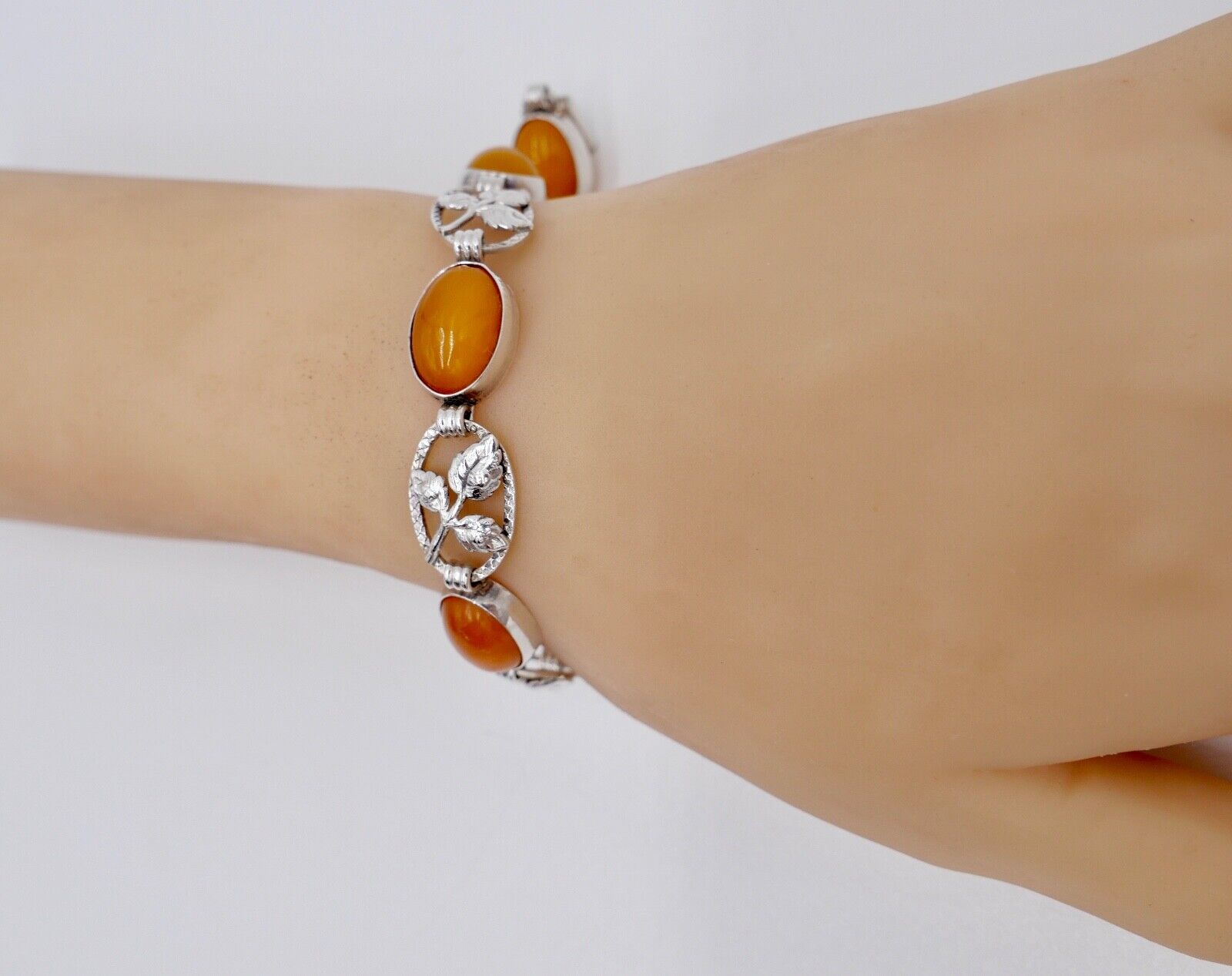 Florales Designer Bernstein butterscotch Glieder Armband 835 Silber aus Schweden