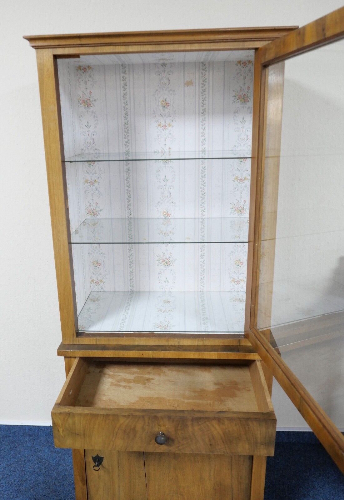 Biedermeier um 1840 Aufsatzvitrine Glasvitrine 2 Tlg. Eiche Nussbaum 169x66x42cm