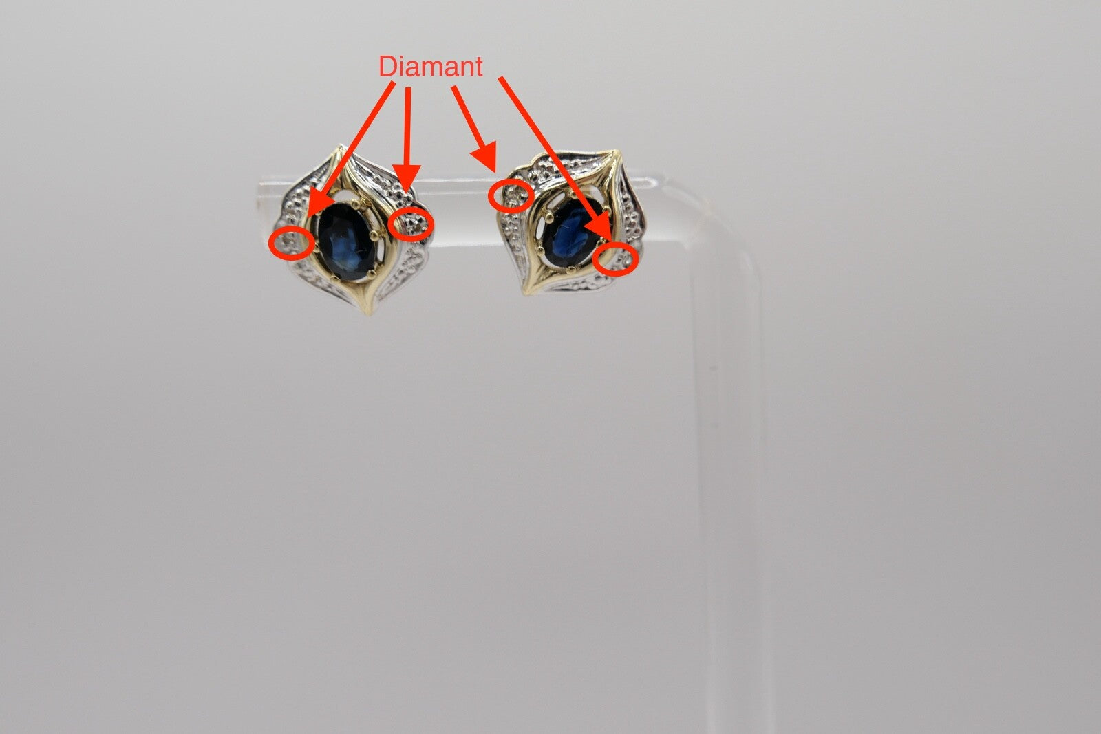 Bicolor 1970er Gold 585 14K Diamant & Saphir Ohrringe Ohrstecker  Ø 13,4mm