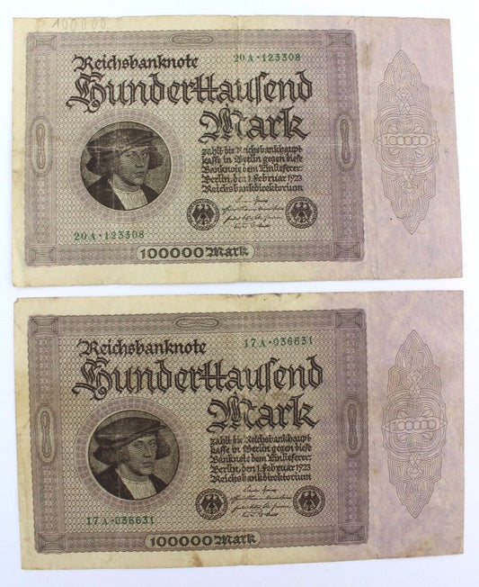 2x Ro. 82d  Banknote 100.000 Mark 1923 old Bill  KN 6 stellig 