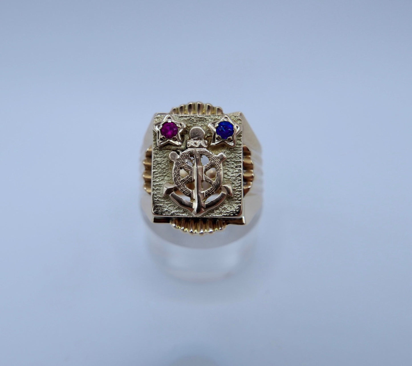 Herrenring 14K Gelbgold Anker Steuerrad Rubin Saphir Nautisch Gr.61 Seefahrt 585