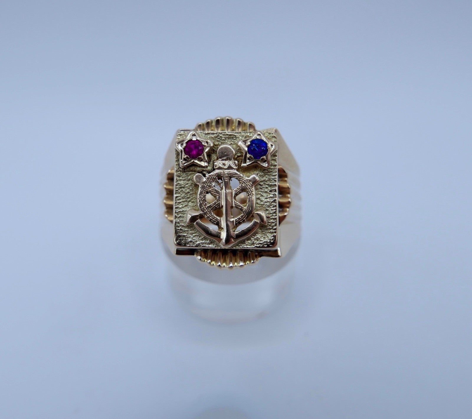 Herrenring 14K Gelbgold Anker Steuerrad Rubin Saphir Nautisch Gr.61 Seefahrt 585